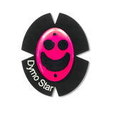 Pinker Kunststoff Knieschleifer mit Titan und einem schwarzen Smiley Gesicht. Das runde Klettpad besteht aus schwarzem Wildleder und einem weißen Schriftzug DymoStar