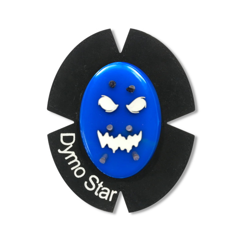 Blauer Smiley Kunststoff Knieschleifer mit Titan und einem Leder Klettpad auf dem DymoStar steht