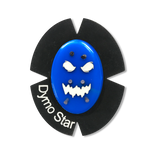 Blauer Smiley Kunststoff Knieschleifer mit Titan und einem Leder Klettpad auf dem DymoStar steht