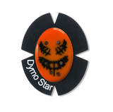 Orange farbig ovaler Titan Knieschleifer mit einem schwarzen Venom Gesicht. Das Klettpad besteht aus Wildleder mit einem DymoStar Schriftzug in weiß.