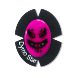 Pink farbig ovaler Titan Knieschleifer mit einem schwarzen Venom Gesicht. Das Klettpad besteht aus Wildleder mit einem DymoStar Schriftzug in weiß.