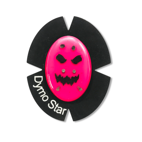 Pinker Smiley Kunststoff Knieschleifer mit Titan und einem Leder Klettpad auf dem DymoStar steht
