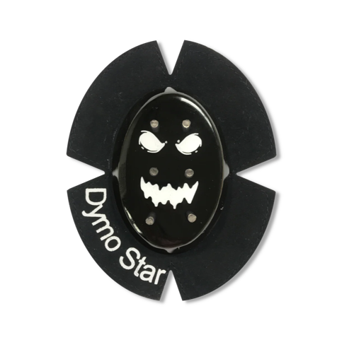 Schwarzer Smiley Kunststoff Knieschleifer mit Titan und einem Leder Klettpad auf dem DymoStar steht