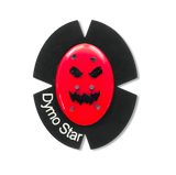 Roter Smiley Kunststoff Knieschleifer mit Titan und einem Leder Klettpad auf dem DymoStar steht