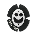 Weißer Kunststoff Knieschleifer mit Titan und einem schwarzen Smiley Gesicht. Das runde Klettpad besteht aus schwarzem Wildleder und einem weißen Schriftzug DymoStar