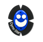 Blauer Kunststoff Knieschleifer mit Titan und einem weißen Smiley Gesicht. Das runde Klettpad besteht aus schwarzem Wildleder und einem weißen Schriftzug DymoStar